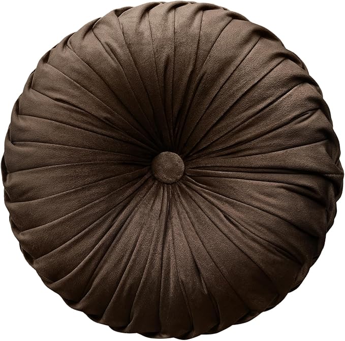 Teieas Round Throw Pillow Velvet Home Decoration Pleated Round Pillow Cushion for Couch Chair Bed Car (Brown)
