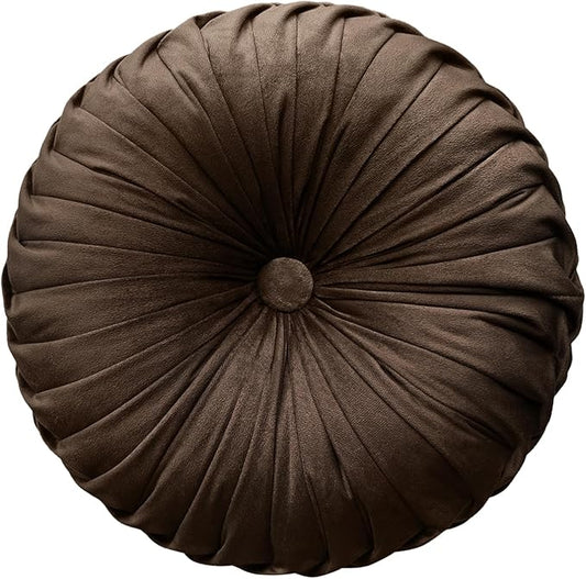 Teieas Round Throw Pillow Velvet Home Decoration Pleated Round Pillow Cushion for Couch Chair Bed Car (Brown)
