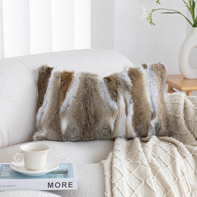 Genuine Rabbit Fur Pillow Covers Set of 2,Luxury Decorative Throw Pillowcases Fluffy Animal Skin Accents Bolster Cushion Cover for Couch Sofa Bedroom Living Room Home,12x20inch,Yellow