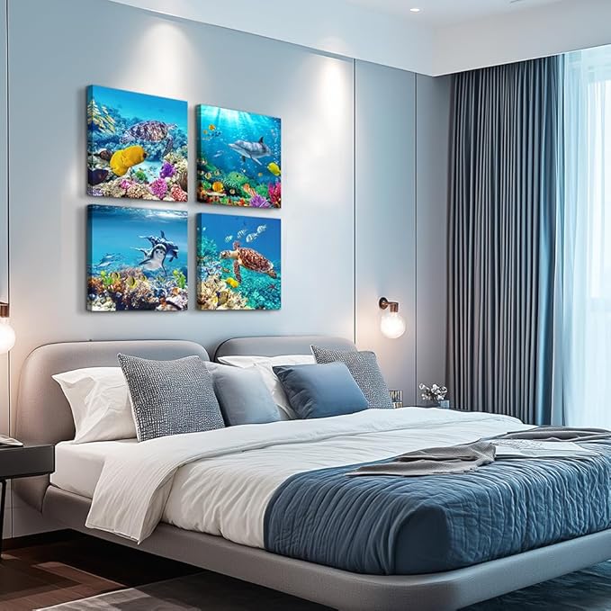 MHARTK66 Canvas Wall Art - Coral and Fish Modern Home Decor Stretched and Framed Ready to Hang Ocean Theme Sea fish and sea turtles Mediterranean Style Canvas Prints The bathroom wall decor- 4 Panels