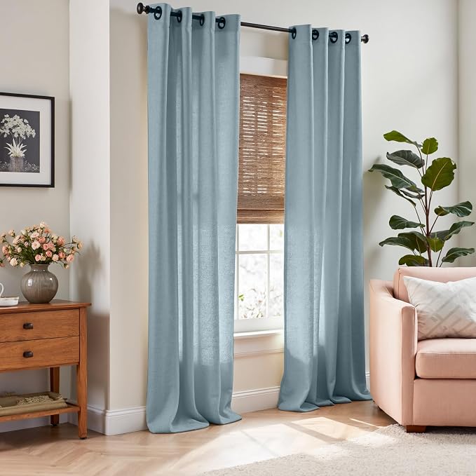 jinchan Linen Blue Semi Sheer Curtains 96 Inch Long 2 Panels for Living Room Grommet Dark Flax Light Filtering Curtains Home Office Minimalist Decor Drapes Suitable for Bathroom and Bedroom 50x96 Inch