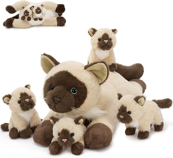 MorisMos 5 Pcs Siamese Cat Stuffed Animal, 19 Inch Large Mama Cat with 4 Baby Kittens, Soft Gift Toy for Kids, Cat Lovers & Nursery Decor, Birthday