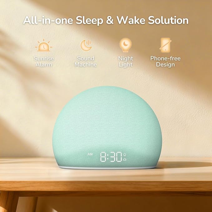 HOUSBAY Sunrise Alarm Clock, White Noise Sound Machine for Bedroom | Natural Wake-Up Light with Gentle Alarm Sounds, 20 Soothing Sleep Aids, Dimmable Display, Screen-Free Design - Teal