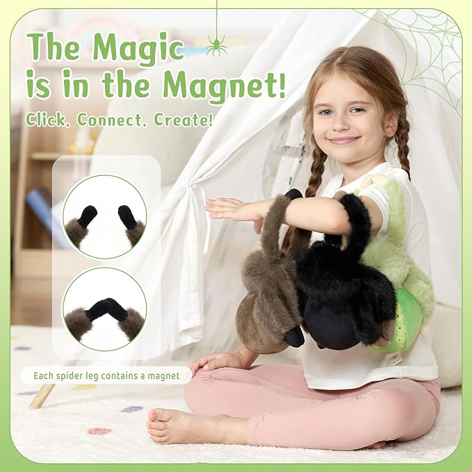 MorisMos 3 Pack Magnetic Foot Spiders Plush, Cuddly Adorable Spider Stuffed Animal Toys Set, Perfect Fun Gifts for Kids, Boys, Girls, Decoration, 8 Inch