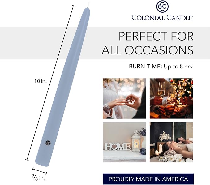 Colonial Candle Unscented Taper Candle, Handipt Collection, Wedgewood, 10 In, Pack of 12 - Up to 8 Hours Burn