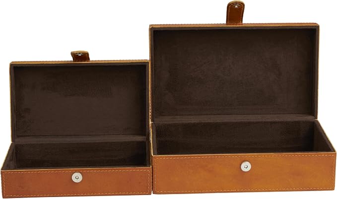 Deco 79 Leather Handmade Decorative Box Storage Decorative Keepsake Boxes with Snap Front Closure and Detailed Stitching, Set of 2 Storage Boxes 10", 8"W, Brown