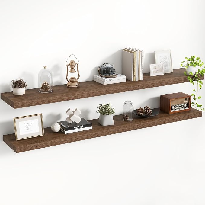 Acovy 55 Inch Floating Shelves, 8 Inch Deep Floating Shelves for Wall, Hanging Shelf with Invisible Brackets, Deep Shelves for Bathroom, Bedroom, Living Room, Walnut, Set of 2