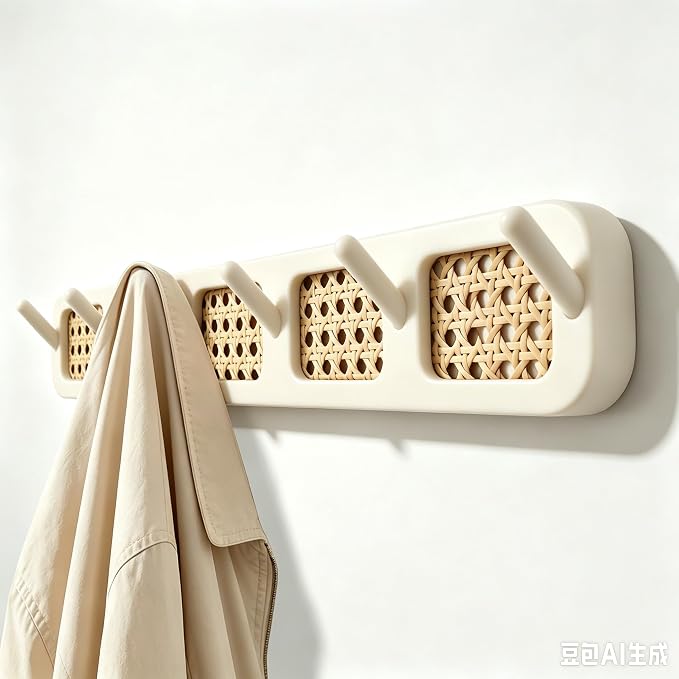 Coat Rack Wall Mount, Rattan Coat Hooks Hanger Wall Mounted | 6 Heavy Duty Bamboo Hooks Rack Rail for entryway Hanging Clothes Hats Bags Jackets Towels Plants,Natural