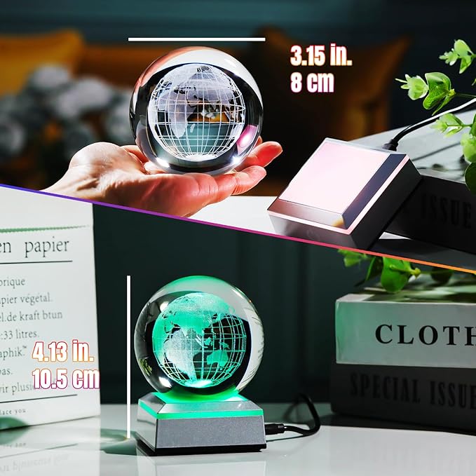 3.15'' 3D Earth Crystal Ball with Silver LED Colorful Light Base, Science Universe Astronomy Gifts for Astronomy Lovers, Kids, Engraved Earth Model Decor Figurine Collection for Home Decor