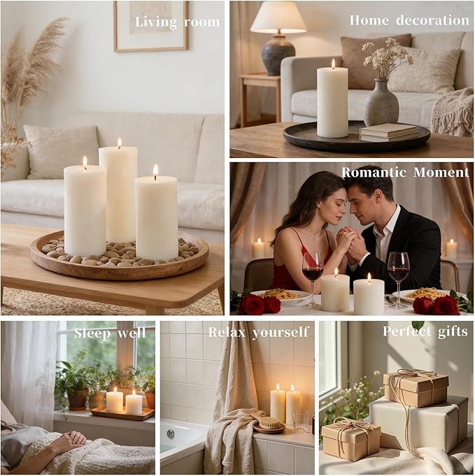 6 Pack Natural Ivory Soy Pillar Candles, 2.8x6 in Hand-Poured Unscented Soy Wax Candles, 540 H Burn Time, Non-Toxic, Smokeless Dripless Rustic Pillar Candle for Dinner, Wedding, Home, Bathroom