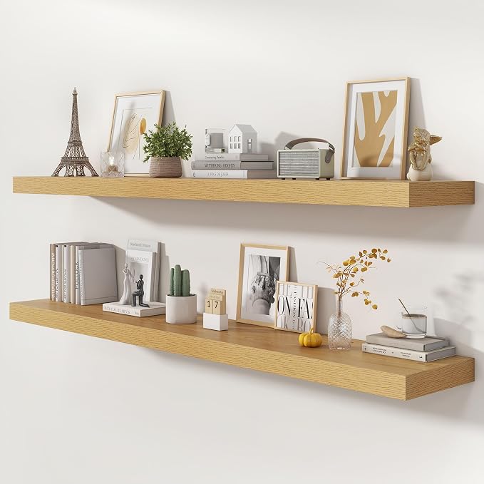 FLYJOE 72 Inch Floating Shelves | 12 Inch Deep Oak Floating Shelves Set of 2 | 72" W x 12" D Rustic Oak Wall Shelves for Bathroom Living Room Kitchen Laundry Room