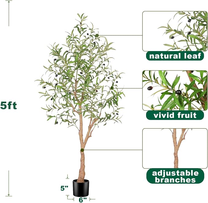 FEELEAD 5FT Artificial Olive Tree, Faux Olive Tree with Realistic Leaves and Natural Trunk, Potted Fake Olive Tree for Home, Living Room, Office Decor