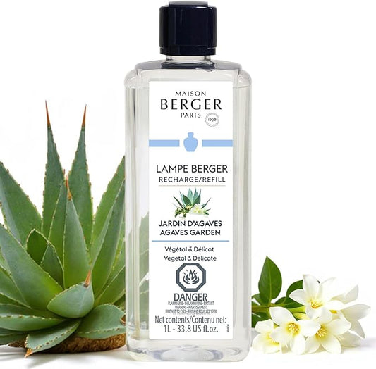 Maison Berger Agaves Garden Lampe Berger Refill, 1 Liter (33.8 fl oz), 2-in-1 Catalytic System, Neutralizes Odors and Diffuses Fragrance, Lemon, Coffee, Blue Agave, Made in France