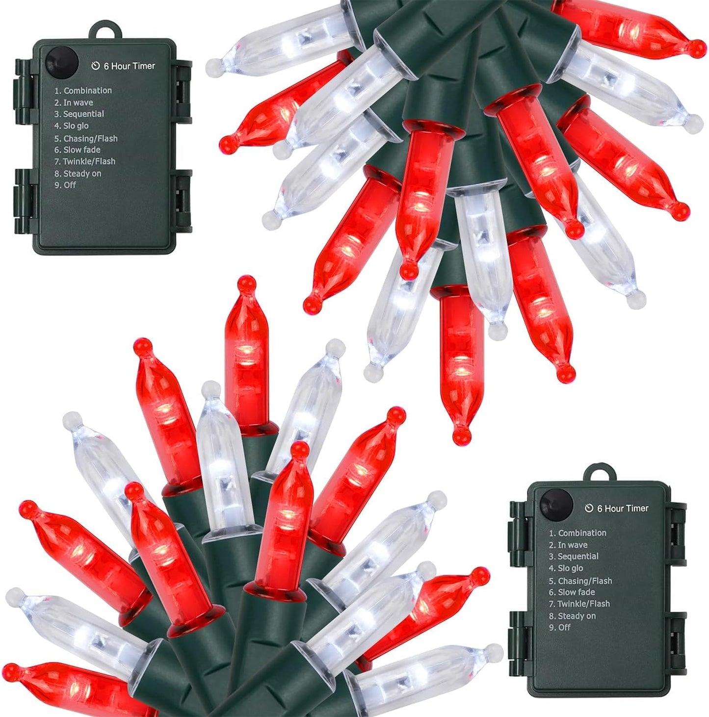 WATERGLIDE 2 Pack 50 LED Outdoor Christmas Lights, 16FT Battery Operated Mini String Lights with 8 Modes & Timer, Xmas Tree Lights Waterproof for Patio Garden Party Wedding Holiday Decor, Red & White