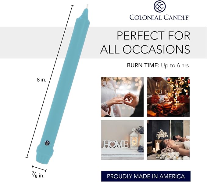 Colonial Candle Unscented Taper Candle, Classic Collection, Coastal Blue, 8 in, Pack of 12 - Up to 6 Hours Burn