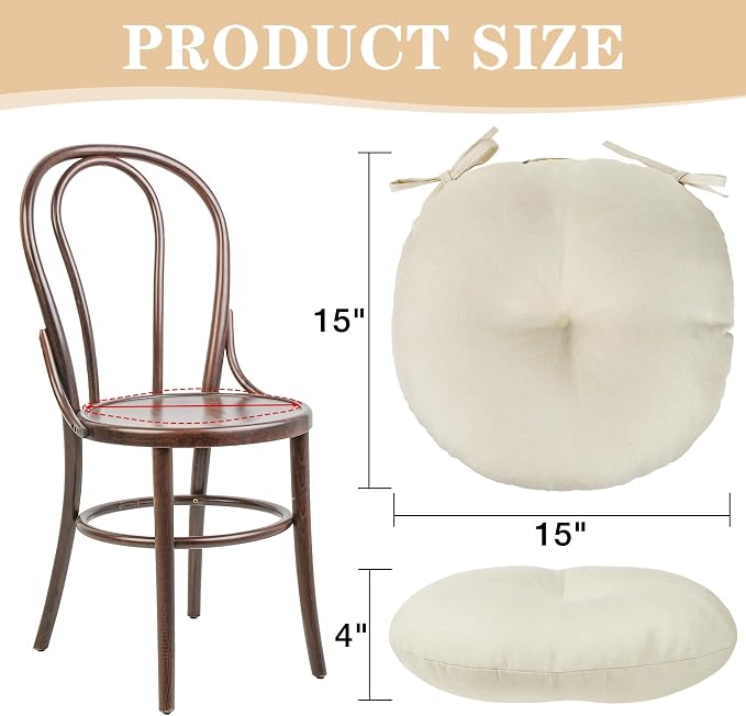 Beige Bistro Chair Cushions Set of 2, 15" Round Seat Chair Pads with Ties for Dining Room Patio