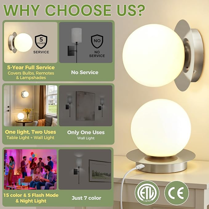 L LOHAS LED Battery Operated Wall Sconce Set of 2, 2-in-1 Rechargeable 10000mAh Wireless Globe Wall Lights with Remote, 16 RGB Colors Dimmable Modern Satin Nickel Sconces for Bedroom Living Room Decor