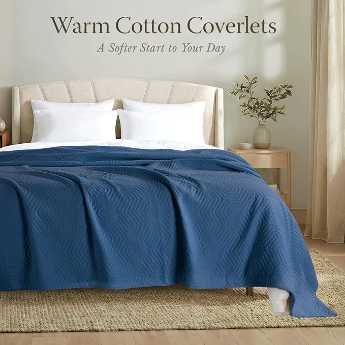 Threadmill Luxury Cotton Blankets for King Size Bed | All-Season Cozy 100% Cotton King Size Blanket | Aster Soft & Lightweight Coverlet fits California King Size Bed, 104x92 | Folkstone Blue