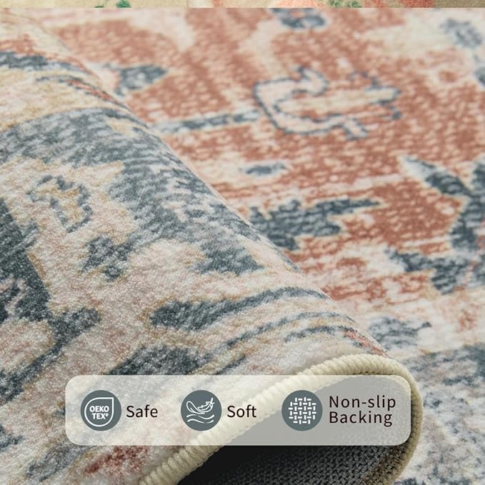 Rugxara 6x9 Area Rugs for Living Room Bedroom, Large Washable Rug, Coral Vintage Floral Boho Style, Non Slip & Low Pile Carpet for Indoor Dining Room, Dorm and Kids Room(Coral Blue 6x9ft)