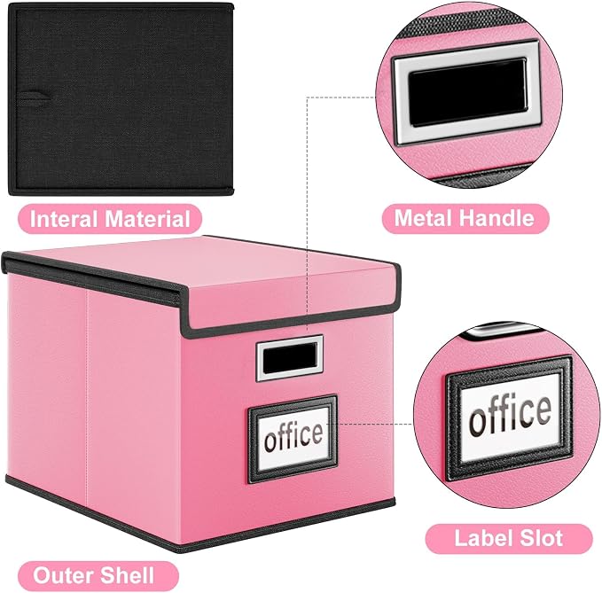 Portable Leather File Organizer Storage Boxes, Collapsible File Folder Organizer Boxes with Lids, Document Organizer, Decorative Filing Box Cabinet for Letter/Legal File Folder Storage