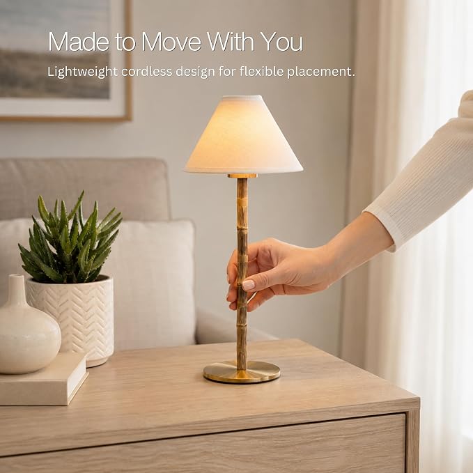 Bamboo Cordless LED Table Lamp – Rechargeable 24-Hour Battery, Dimmable Warm Light, 15" Portable Wireless Lamp with Remote for Indoor/Outdoor Use, Home, Patio, Restaurant – Coastal White