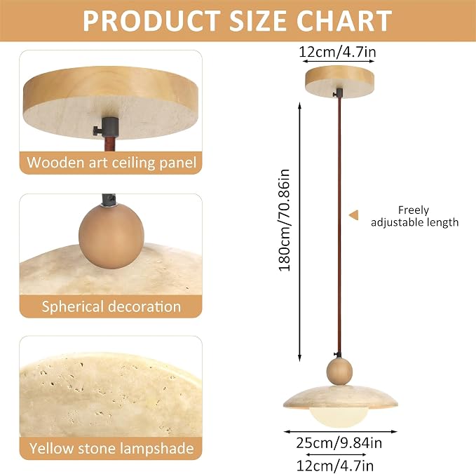 Wabi Sabi Pendant Light,Yellow Travertine Japandi Japanese Minimalist Stone Light Fixture,Adjustable Nordic Hanging Lamp for Kitchen,Bedroom,Vanity Japandi & Japanese Light Fixture(Natural wood color)