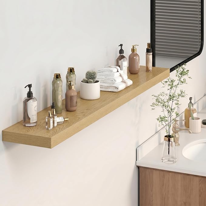 Heimlove 55 Inch Long Floating Shelves for Wall, 9.3" Deep Oak Floating Shelves Set of 2, Large Display Shelf & Storage Shelf, Wall Mounted Shelves for Bedroom Living Room Kitchen Office