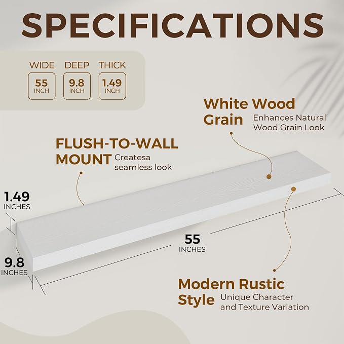 Dreamland 55Inch White Floating Shelves 9.8" Deep Wall Mounted Set of 2 | Wall shelves for bathroom, bedroom, Living Room, kitchen, deep wall mount wood storage display for home decor 55" x 9.8"