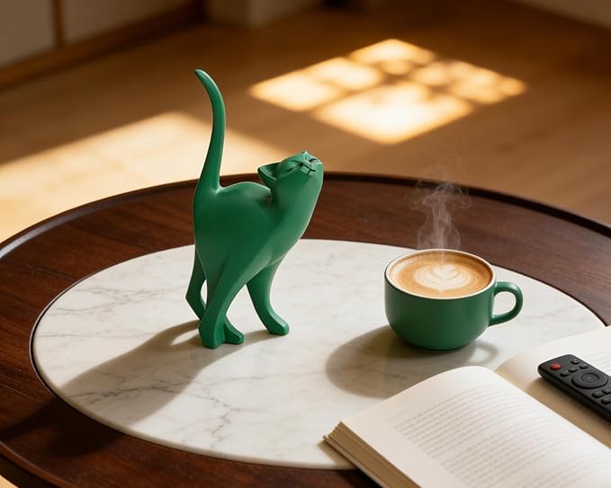 Green Cat Statue Modern Abstract, Home Office Shelf Decor, 7-Inch Vibrant Assorted Colors, Easy to Match Any Decor Style