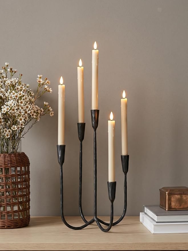 Denique 5-Arm Cast Iron Candelabra with LED Flameless Taper Candles and Remote, Tall Metal Vintage Candle Holder Centerpiece for Dining Table, Wedding and Event Decor, Black