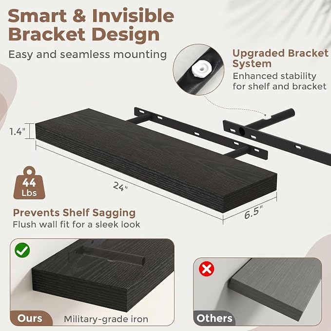 Venusmiles Floating Shelves for Wall, 24 Inch Floating Shelves Set of 2, 6.5" D Wooden Wall Mounted Display Shelves with Invisible Brackets for Living Room, Bedroom, Bathroom, Kitchen Decor, Black
