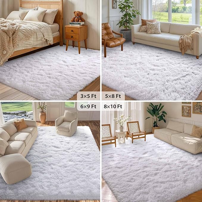 FinRèc 5x8 Feet White Rugs for Bedroom Living Room, Plush Shag Area Rug, Non-Slip Fluffy Furry Rug for Nursery Kids Room Dorm Room Home Decor, Indoor Shaggy Floor Carpet