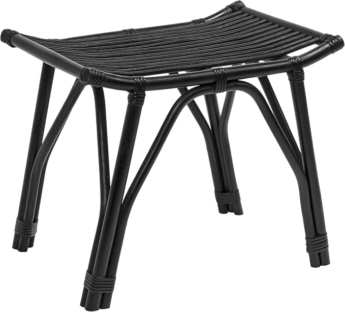 JONATHAN Y Gabriel 18" Handcrafted Rattan and Teak Wood Vanity Stool, Bohemian Backless Accent Ottoman Footstool, Black STL3005C