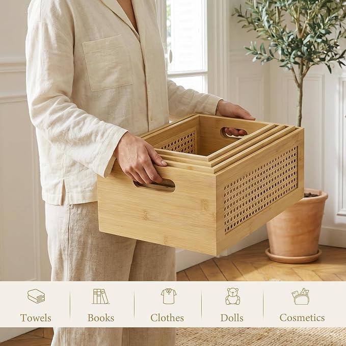 Wooden Storage Basket Set of 4 Handmade Rattan Drawer Storage Box with Frame & Handles Decorative Natural Bamboo Woven Bins Rustic Farmhouse Decor Home Office Tabletop Shelf Organizer, Natural