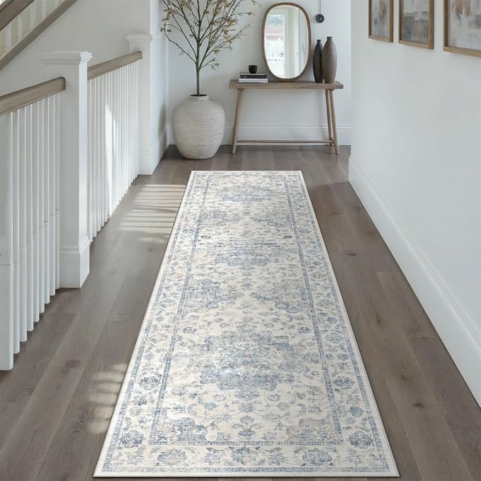 2x8 Washable Neutral Runner Rug Blue Vintage Hallway Kitchen Carpet Non-Slip Soft Low Pile Farmhouse Throw Rug for Bedroom Bathroom Laundry Living Room
