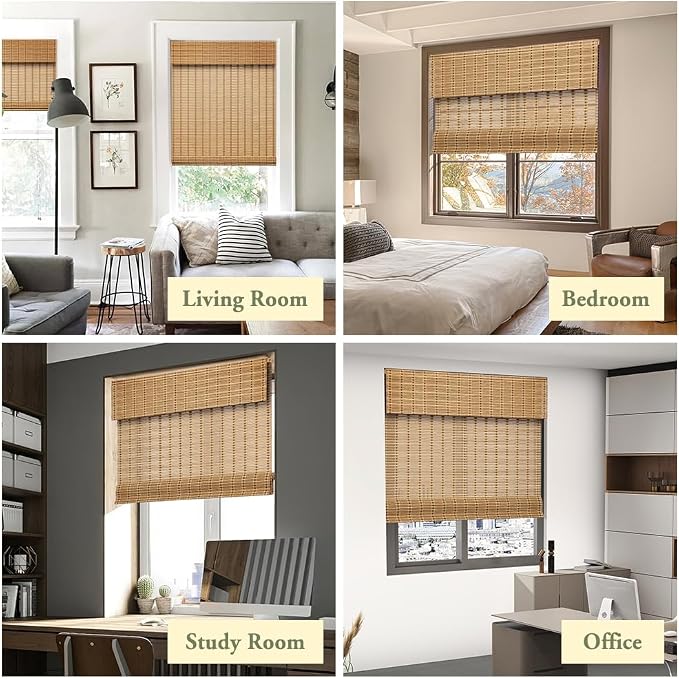 Kokorona Cordless Bamboo Roman Shades with Valance, Light Filtering Bamboo Blinds for Interior Windows, Natural Roll Up Bamboo Shades for Home, Office, Easy Installation, 24" W x 64" H, Natural