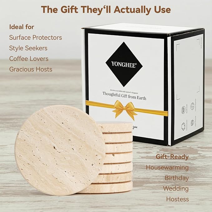 Travertine Coasters Set of 8, 4 Inch Round Heavy Duty Coasters for Drinks, Semi Absorbent Stone Coaster with Cork Back, Heat & Scratch Resistant Table Protection, Rustic Farmhouse Table Decor