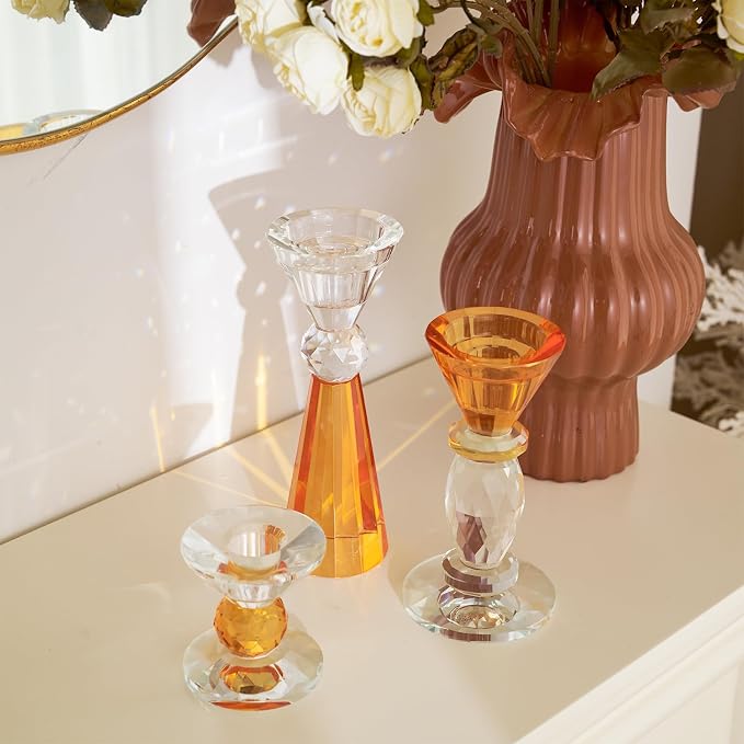 DN DECONATION Glass Candle Holder, Amber Clear Crystal Candlestick Holders | Set of 3, Tealight Candles Holder for Table Centerpiece Home Decor, Wedding Decorations Housewarming Gift Living Room Party