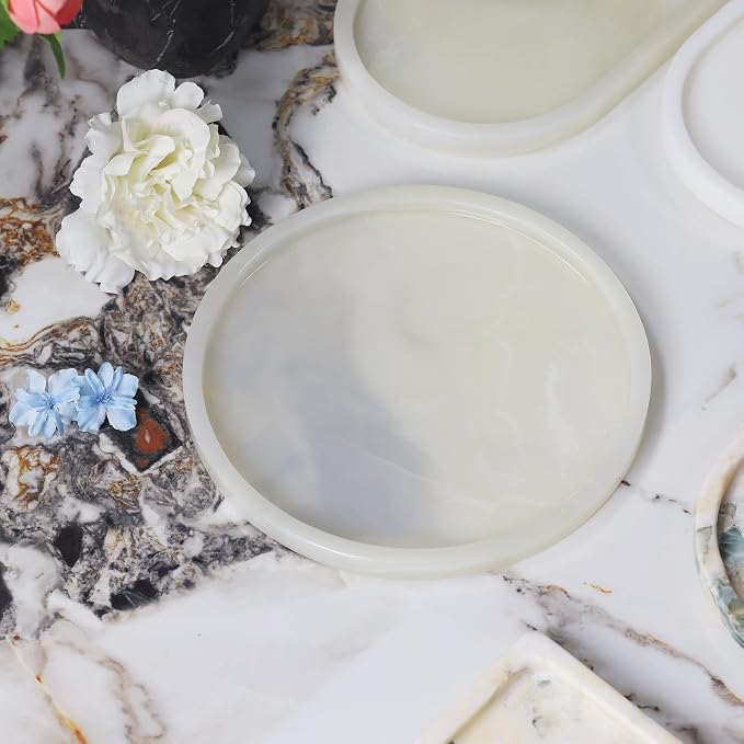 Natural Marble Vanity Tray, Round, 8.3 Inch, Green Jade | Anti-Slip Pads, For Bathroom, Jewelry & Perfume Display, Coffee Table Decor