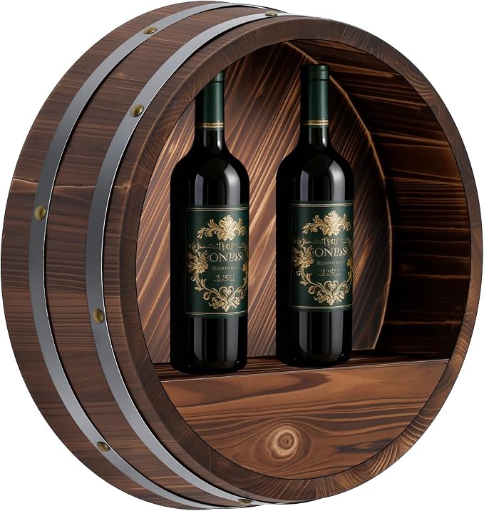 Colingmill 19.7 x 5.9 in Whiskey Barrel Shelf Rustic Wall Mounted Bourbon Wooden Floating Hand Wine Rack Oak Barrel Wine Bottle Holder Display Stand Vintage Bar Decor(Dark Brown)