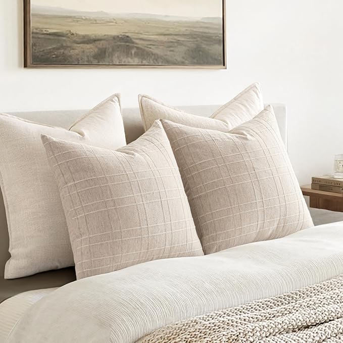 MIULEE Decorative Linen Check Throw Pillow Covers Neutral Farmhouse Vintage Pillow Covers 18x18 Set of 2 Boho Modern Home Decor for Sofa Couch Bedroom Cushion Natural Beige