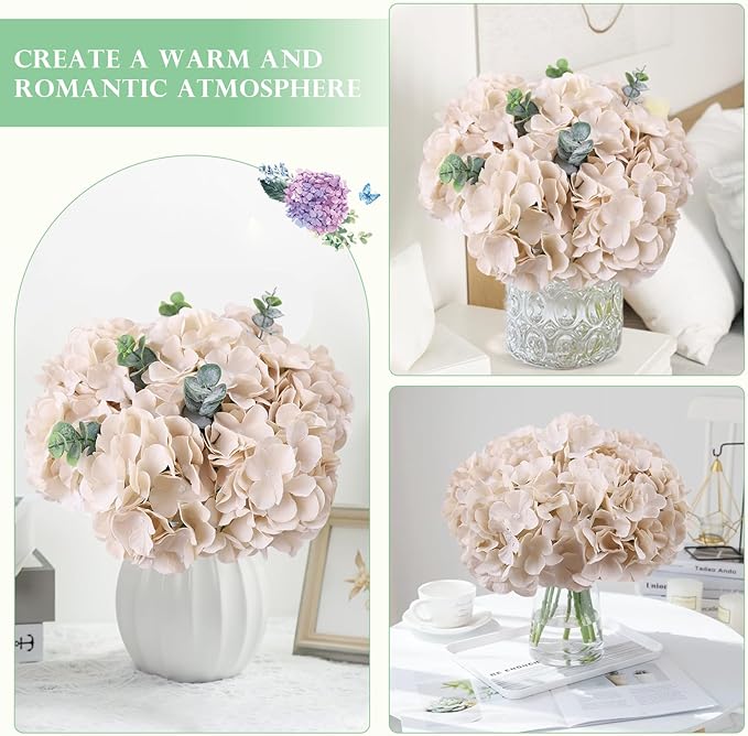 AVIVIHO 10pcs Beige Hydrangea Artificial Flowers Bulk Fake Flowers Hydrangea Silk Flowers with Stems for Western Boho Decor,Home,Wedding Party DIY Pampas Grass Florals Arrangement Decoration