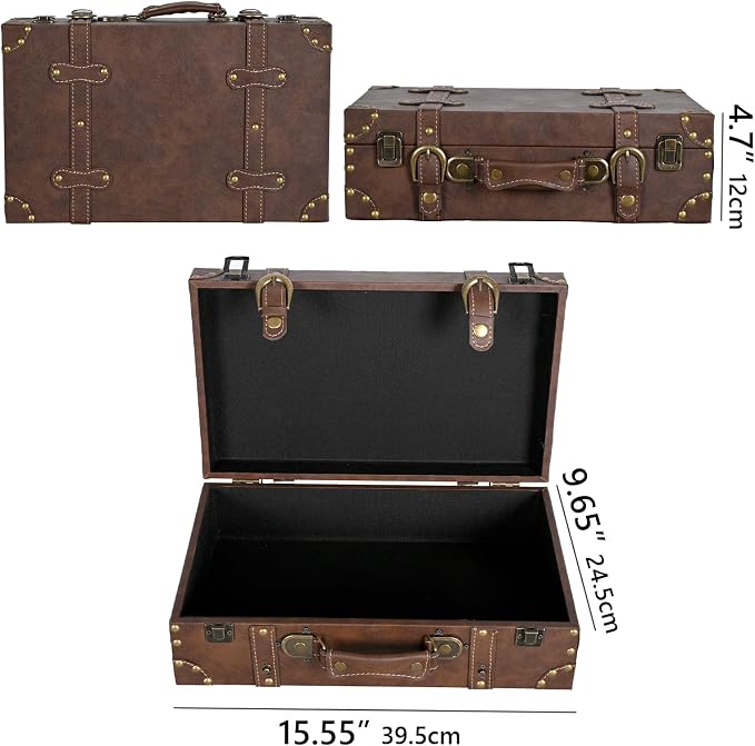 DECOR4SEASON Vintage Leather & Wood Storage Box – Compact Decorative Suitcase Chest with Classic Design, Perfect for Keepsakes, Travel, and Home Organization