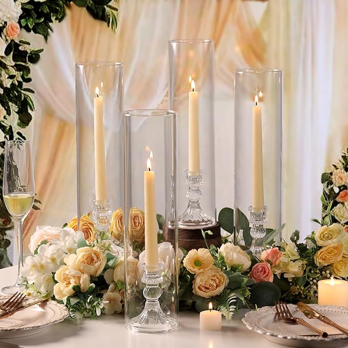 6 Set Hurricane Glass Candle Holders for Taper Candles, Vertical Striped Candlestick Holders with Windproof Glass Tubes 13.4" H for Wedding, Dinner Table Centerpieces, Festival and Party Decor