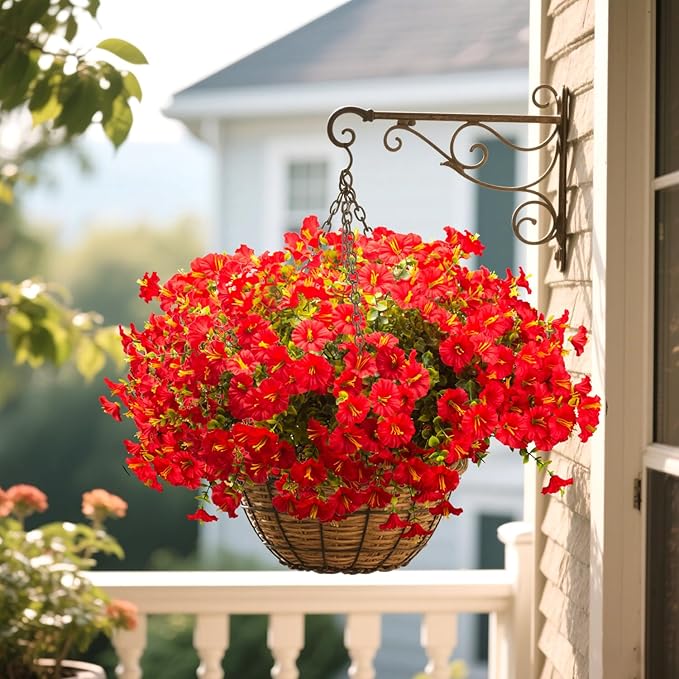 Grunyia 16PCS UV Resistant Artificial Morning Glory Flowers with Eucalyptus - Red Faux Silk Plastic Fake Plants for Outdoor Indoor Garden Porch Planter Window Box Wedding Home Decor