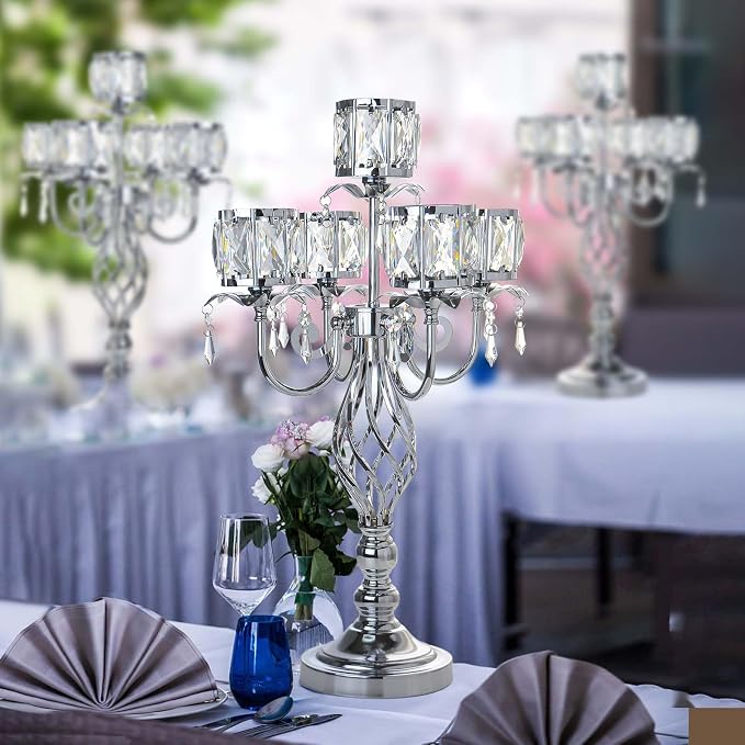 23.2 inch Tall Elegant and Chic 5 Arm Pendant Crystal Candlestick Holder Table Decoration tealight Candle Holder, Candelabra for Gorgeous Wedding/Parties Table Centerpiece (1, Silver)