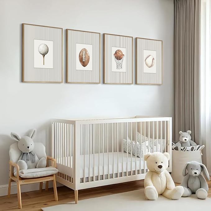 Sports Wall Art Decor Toddler Boys Room Canvas Prints Vintage Sports Nursery Wall Decor Kids Poster Football Baseball Pictures Basketball Golf Painting Artwork for Bedroom 8x10 Inch Unframed Set of 4