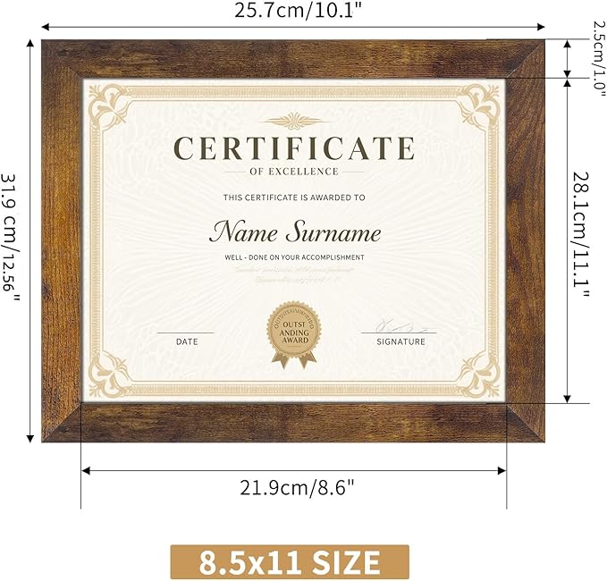 PETAFLOP Wooden 8.5x11 Picture Frame Rustic Certificate Frames Wall Tabletop Display Horizontally or Vertically, 7 Pack