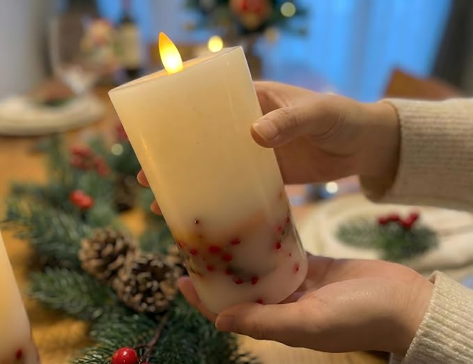 Brown Bark Flameless Pillar Candles Flickering with Remote Timer, Battery Operated LED 3D Moving Flame Real Wax Candles, Set of 2, D3 x H6,Remote Included (Red Berry)