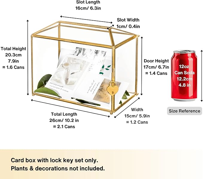 NCYP Small 10.2" x 5.9" x 7.9" Glass Cards Box with Slot and Lock for Wedding Reception - Home Birthdays Party Geometric Decorative, Gold - Slot Length 6.3 Inches (Glass Box Only)